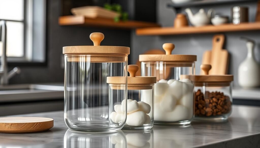 Glass containers with bamboo lids Glass containers with bamboo lids