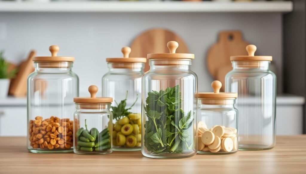 Glass storage jars with bamboo lids for pantry Glass storage jars with bamboo lids for pantry