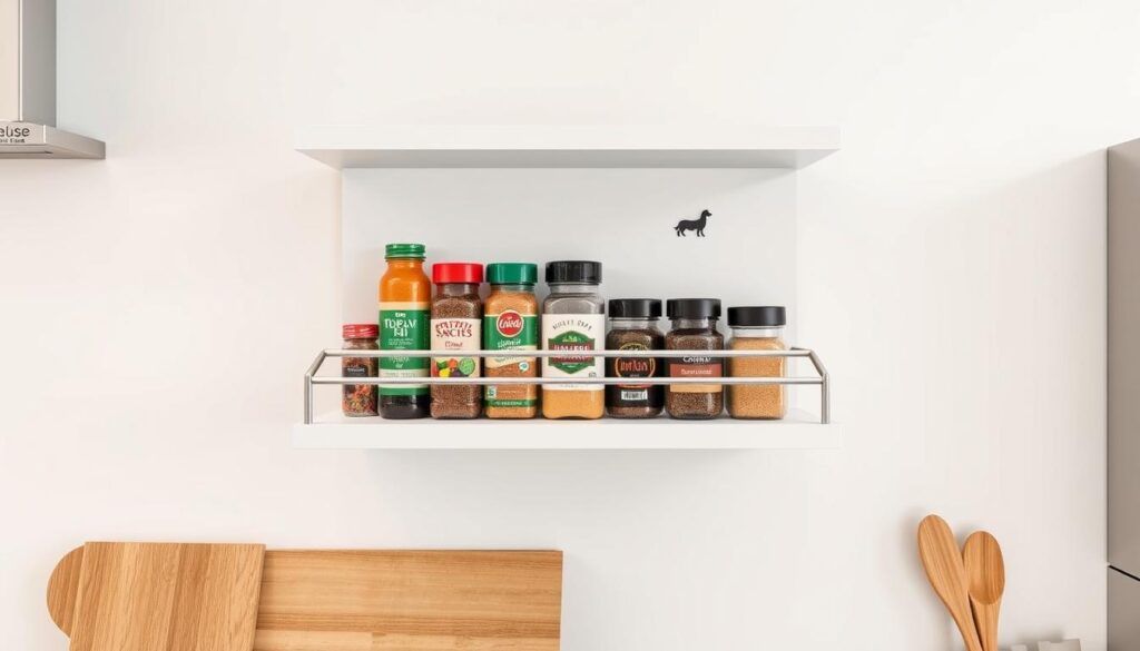 floating shelf spice rack with rail